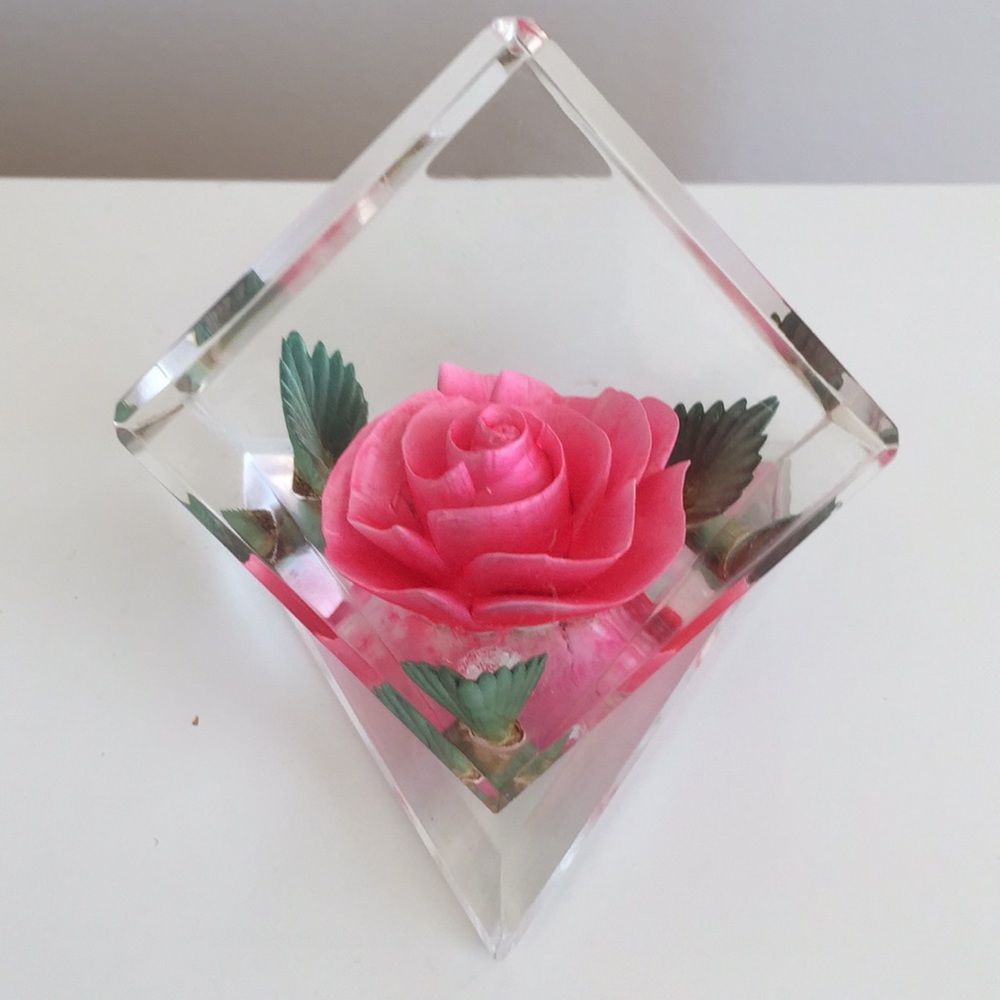 Vintage Acrylic Lucite Pink Rose Paperweight